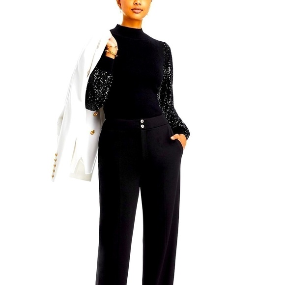 Tahari black mock neck top with sequin sleeves. Hand Washable. Size M. NWT. - Picture 6 of 9